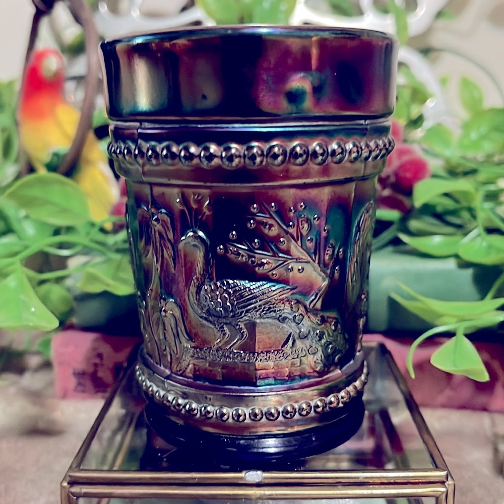 COBALT BLUE CARNIVAL GLASS ‘1914’ Peacock Fountain Dugan Tumbler NO CHIPS/CRACKS